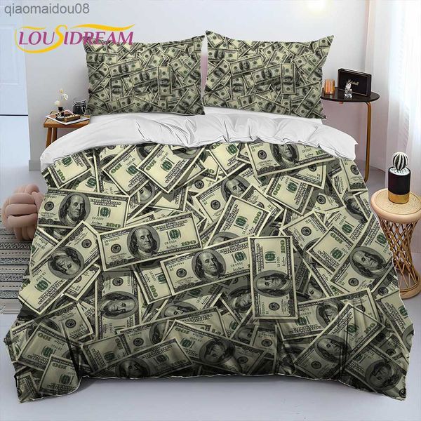 3D Illusion Dollar Euro Argent Motif Ensemble de Literie Housse de Couette Ensemble de Lit Housse de Couette King Q Taille Ensemble de Literie Adulte Enfant L230704