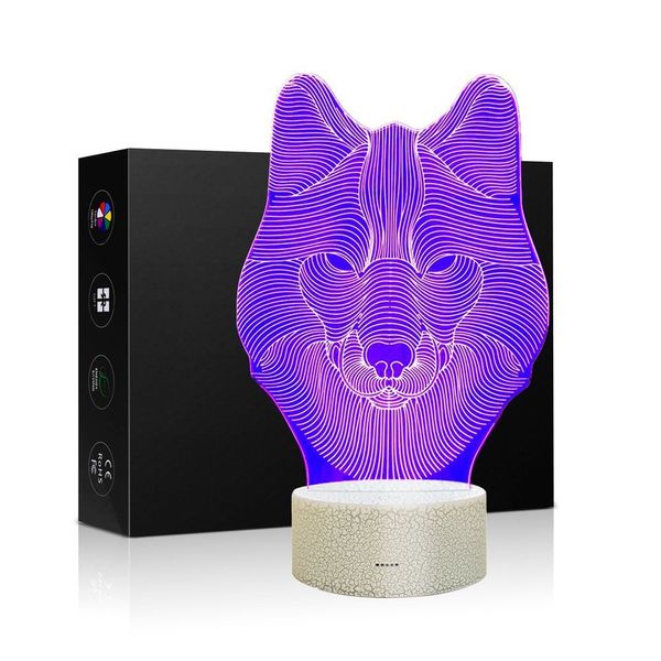 Lámpara de ilusión 3D Animales Lobo Luz nocturna Mesa táctil Lámparas de escritorio # R42