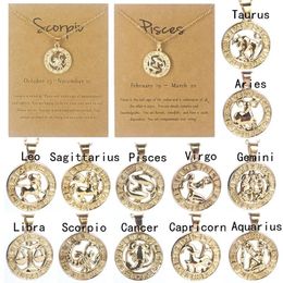 Imagen 3D Signo del zodiaco Collar colgante Círculo redondo 12 Constelaciones Collares de cadena de clavícula con paquete de tarjetas