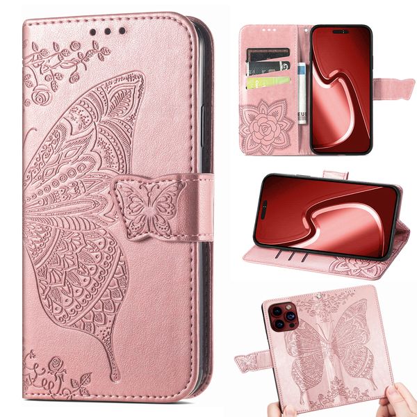 Étuis en cuir de portefeuille de papillon d'impression 3D pour iPhone 15 Pro Max 14 13 12 11 XR XS X 8 7 porte-carte support à rabat couverture de téléphone de fleur en relief Conque