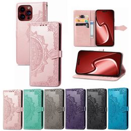 Étuis en cuir portefeuille Floral Mandala avec impression 3D pour iPhone 15 Pro Max 14 13 12 11 XR XS X 8 7, porte-cartes, support à rabat, couverture de téléphone à fleurs en relief Conque