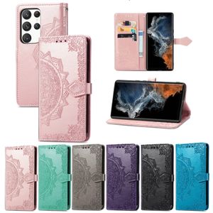 3D Opdruk Bloemen Mandala Portemonnee Lederen Cases voor Samsung Galaxy S23 Ultra S22 S21 S20 Note 20 S10 Kaarthouder Flip Stand Reliëf Bloem Telefoon Cover Conque