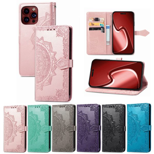 Fundas de cuero con estampado de mandala floral en 3D para iPhone 15 Pro Max 14 13 12 11 XR XS X 8 7 Titular de la tarjeta Soporte con tapa Funda para teléfono con flores en relieve Conque