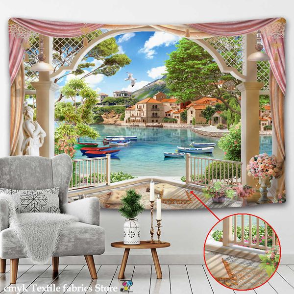 Tapiz de paisaje de isla 3D, ventana de arco, pintura de paisaje, tapiz de pared, estilo nórdico, decoración del hogar, pintura colgante de pared 210609