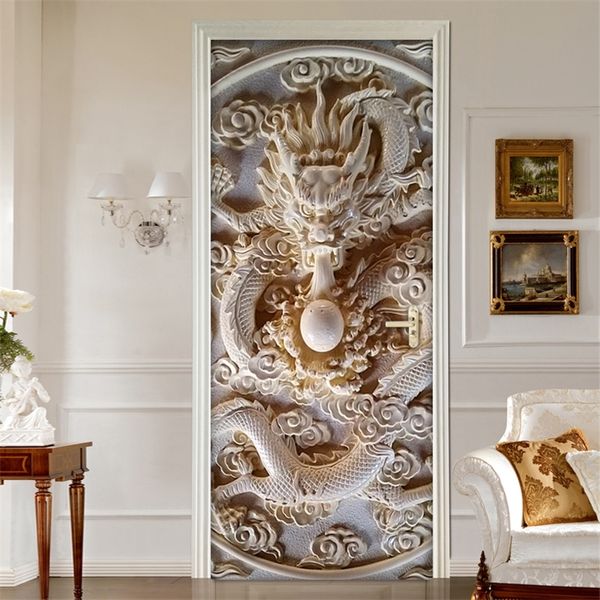 3D Jade Sculpture Relief Porte Autocollants Pour Salon Chambre PVC Auto-adhésif Papier Peint Décor À La Maison Mural Étanche Stickers Muraux 220426