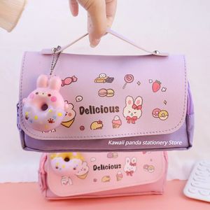 Case kawaii crayon beignet 3 couches pagouche de stylo mignon ours en cuir étanché