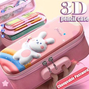 3D Kawaii Crayon Cas Avec Serrure Licorne Organisateur Mignon Stylo Pochette Boîte Sac pour Fille Garçon École Fournitures De Bureau Étudiants Papeterie 231220