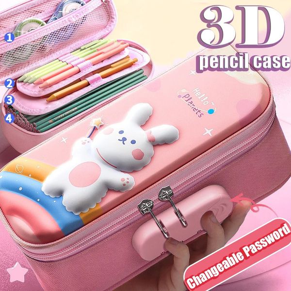 3D Kawaii Crayon Cas Avec Serrure Licorne Organisateur Mignon Stylo Pochette Boîte Sac pour Fille Garçon École Fournitures De Bureau Étudiants Papeterie 231220