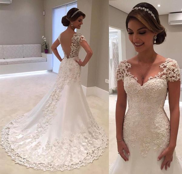 Vestidos de novia de la manga de la tapa floral de encaje 3D 2019 VNECK VINTAGE JARDÍN VINTAGE CARATE TALLE PESCO VESTIVO DE NADILE3309950