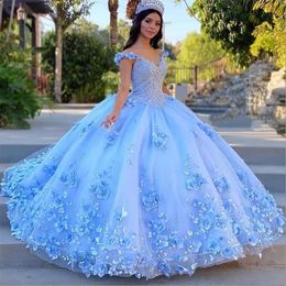 3D Lace Mexicaanse appliques Quinceanera jurken elegant off schouder korset terug zoet 16 jurk gewaad de prom avondjurken