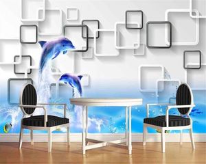 3D landschap behang dolfijn vierkant rooster moderne high-definition afdrukken achtergrond muur papier woonkamer aangepaste foto