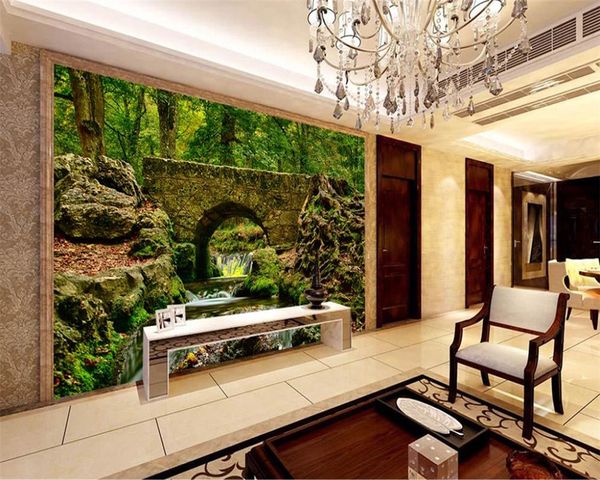 Papel tapiz de paisaje 3d Puente de arco de bosque HD y hermoso paisaje con agua corriente Papel de pared 3d para sala de estar Foto personalizada