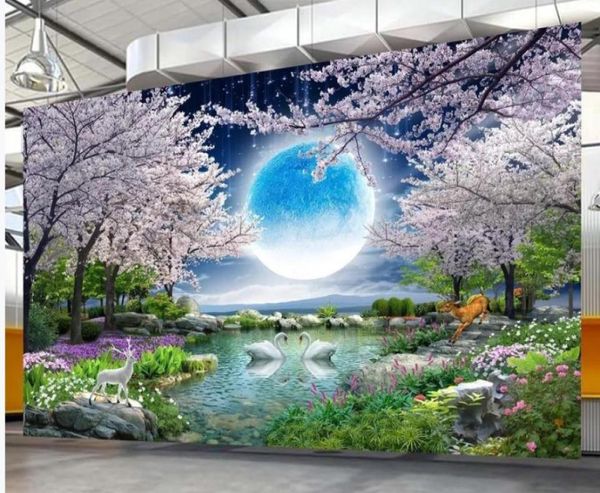 3d paysage papier peint lune clair de lune fleur de lune bonne lune rond cerisier peinture de paysage de paysage