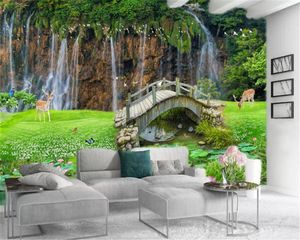 Papel tapiz de paisaje 3d Ciervos Sika Puente de madera Flores Hierba Hermoso paisaje Cascada Paisaje Decoración de interiores Papel tapiz