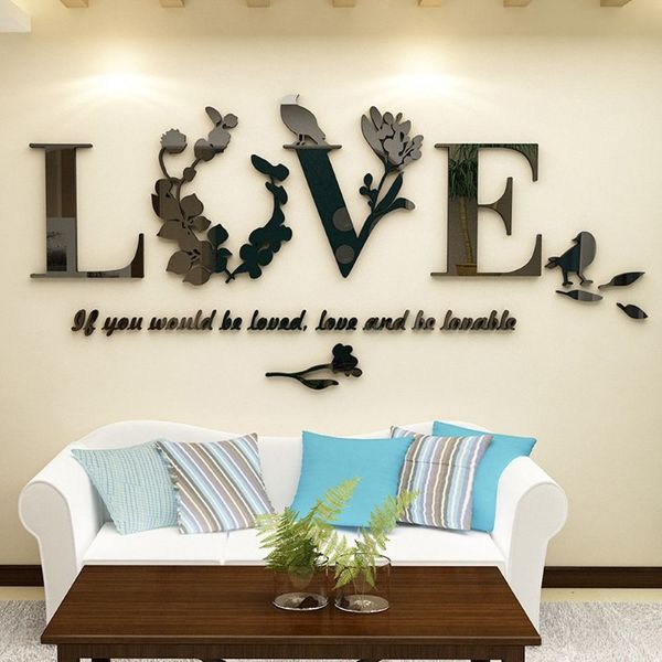 3D Feuille AMOUR Stickers Muraux Lettrage Art Citation Autocollant Pour Salon Chambre Acrylique Murale Sticker Amovible Art Home Decor2257