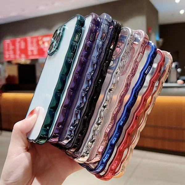 Vague Bling Chromé Clair Téléphone Cas Pour Iphone 14 Pro Max Plus 13 12 11 XR XS X 8 7 Placage De Luxe Plaqué Métallique Transparent Doux TPU Caméra Lentille Téléphone Couverture Arrière Peau