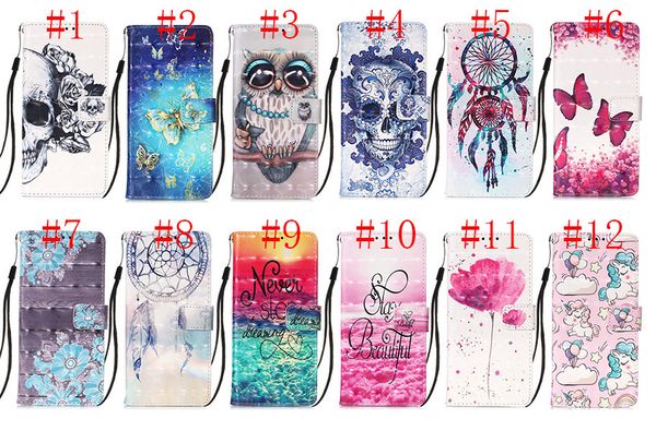 Étuis portefeuille en cuir 3D pour Iphone 13 12 Mini 11 Pro XS MAX XR X 6 7 8 Plus Hibou Crâne Rêve Fleur Licorne fentes Carte flip support Couverture