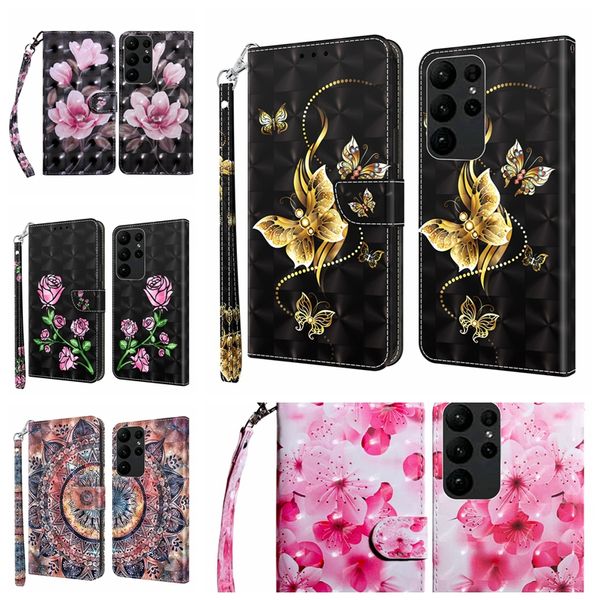 Étuis portefeuille en cuir 3D pour Samsung A54 S23 Plus Ultra A14 A04S A23E A04 Huawei Honor 50 X8 4G Mode Rose Fleur Sakura Papillon Chien Fente Pour Carte Flip Cover Holder Purse