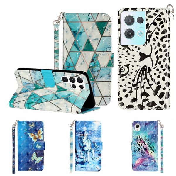 Estuches de billetera de cuero 3D para Samsung S23 Ultra Plus A73 5G A03 Core A04S A04 A23 A14 A54 A34 A04E Animal Mariposa Lobo Gato Leopardo Mármol Titular de la flor Funda con tapa