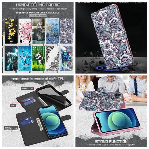 Étuis porte-monnaie en cuir 3D pour Samsung A23E A04S A13 4G 5G M13 4G M33 M53 A23 Xiaomi Poco F4 Gt M5 M5S Dentelle Papillon Fleur Panda Couverture Dessin Animé Loup Flip Pochette De Mode