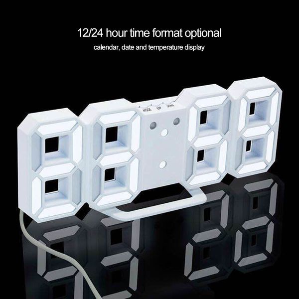 Horloge numérique LED 3D Mode nuit rougeoyante Luminosité Réglable Horloges de bureau électroniques Affichage 12/24 heures Réveil Tenture murale