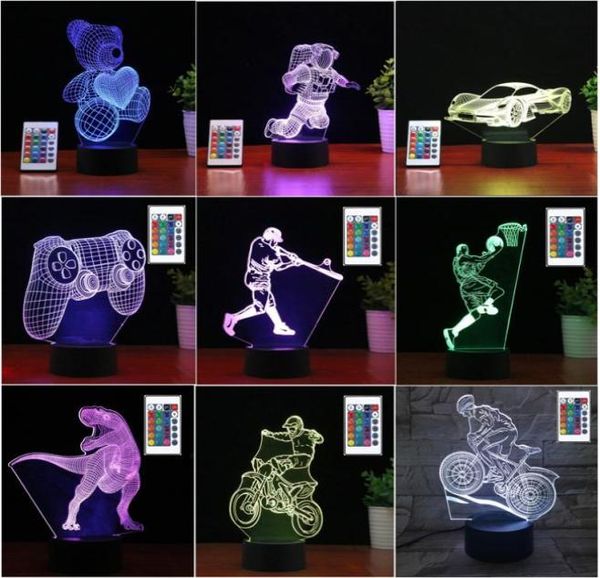 Lumières LED 3D télécommande 16 couleurs changeantes tactile veilleuse plaques acryliques multi forme illusion d'optique lampe de base atmosphère 1250682