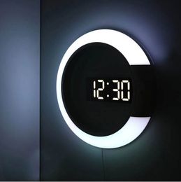 3D LED Wall Clock Digitale Tafel Klok Alarm Mirror Holle Wandklok Modern design nachtlicht voor huis in de woonkamer Decoraties