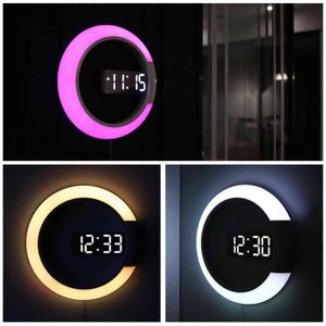 3D LED Wandklok Digitale Tafel Klok Alarm Spiegel Hollow Wall Clock Modern Design Nightlight voor Home Woonkamer Silent 211111