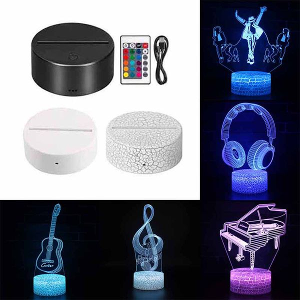 3D Light Base Music Design Guitare Piano Batterie LED Lumières Lampes de nuit 16 couleurs avec câble USB à distance