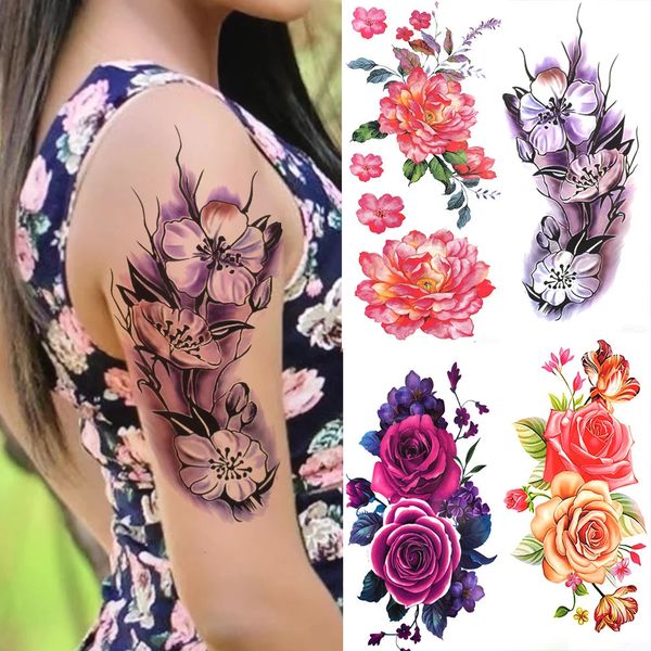 Tatuaje temporal de flores de lirio 3d para mujeres adultas Rose lotus anémona pegatina de tatuaje falso media manga de acuarela tatoos 240423