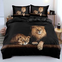 3D Lion Quilt Cover Sets Black Linens Bed Pillow Shams King Koningin Super Twin Double Full Size 180 * 200cm Dierlijke Thuis Textiel 210615