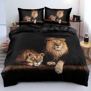 3D Lion Quilt Cover Sets Black Linnen Bed Kussen Shams King Queen Super King Twin Double Full Size 180 * 200cm Dierlijke Thuis Textiel 210309