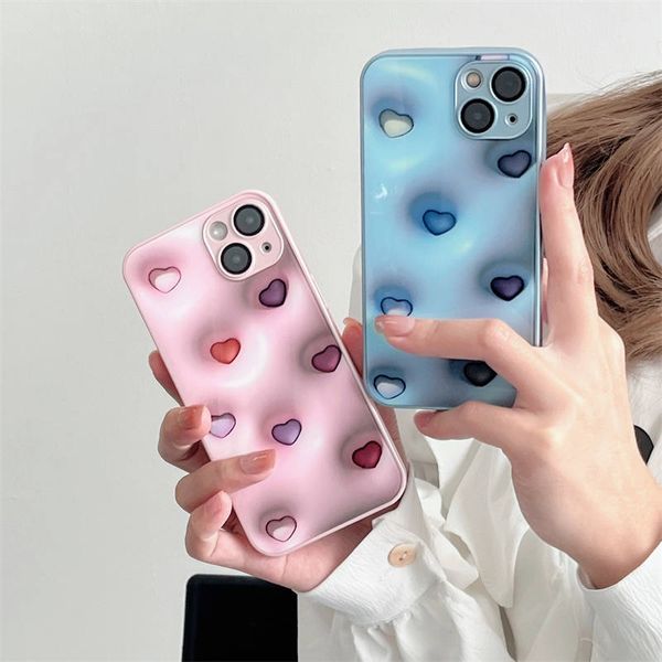 3D Love Girl Heart Cartoon Glass Phone Cases para iPhone 14 Pro Max Plus iPhone14 13 12 11 Lente de cámara a prueba de golpes Funda protectora de TPU suave