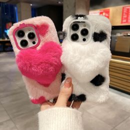 3D Amour Coeur Fluffy Fourrure Cas Pour Iphone 14 Pro Max 13 12 11 XR XS X 8 7 Plus Mode Doux TPU Animal Arc Bowknot Véritable Cheveux De Lapin Mignon Belle Téléphone Couverture Arrière De La Peau