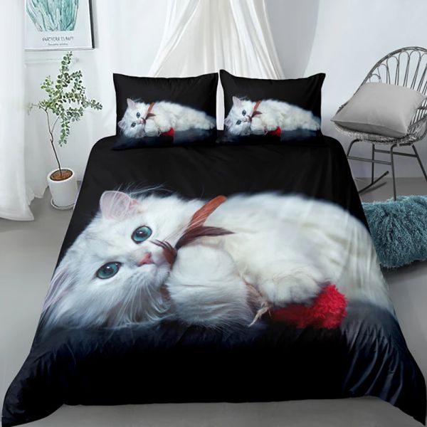 Conjunto de portada de edredón de gato de 3d encantador, juego de ropa de cama de gato lindo para mascotas, talla rey reina, lindos animales de edredones de lujo regalos textiles para el hogar