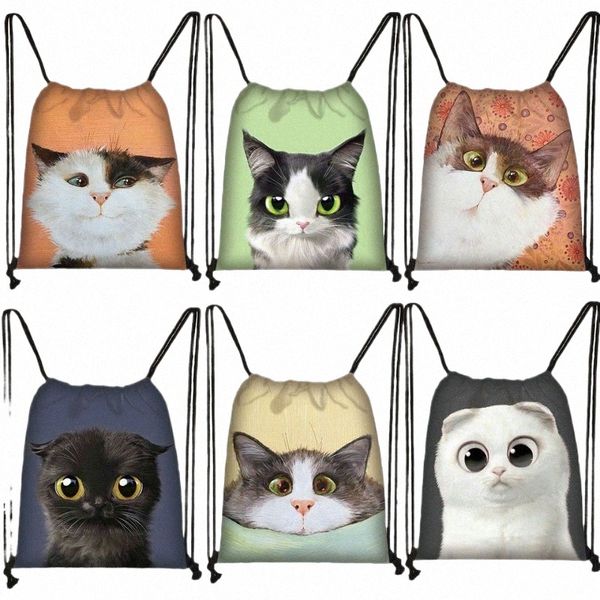 3D Belle tête de chat peinture sac à crampons Cat Carto Printing Backpack Girl Shop Sacs Multi-Functi Portable Shoes Sac U2DE #