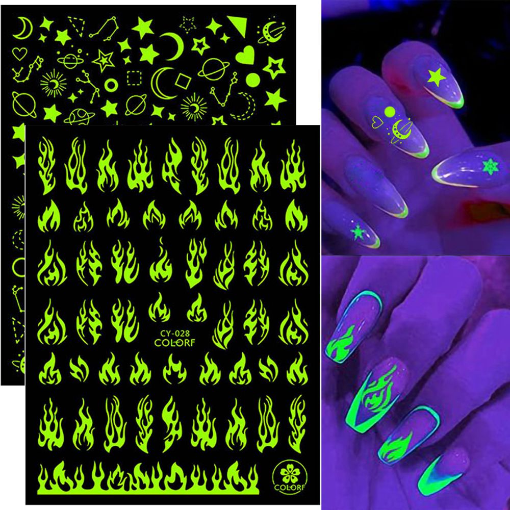 3D Luminous Tırnak Etiketleri Alev Kelebek Star Moon Glitter Tasarım Karanlık Kaydırıcı Manikür Dekorasyonları
