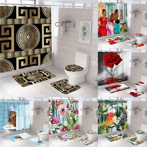 Cortinas de baño griegas de oro negro de lujo en 3D, juego de cortinas de ducha, alfombra de baño de rosas rojas adornadas geométricas modernas, decoración de alfombras de baño 220517