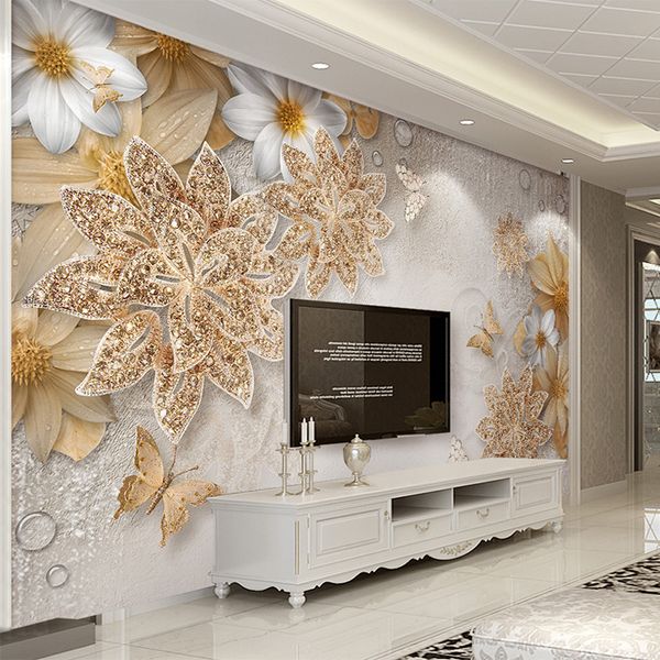 Papel tapiz 3D de lujo con joyería dorada, Mural de flores y mariposas, Hotel, sala de estar, TV, sofá, telón de fondo, papel tapiz en relieve de estilo europeo