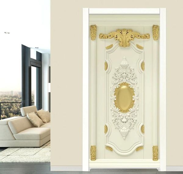 3D luxe décor à la maison autocollant de porte Style européen fleurs dorées papier peint Mural salon chambre 3D auto-adhésif porte affiche T5834848