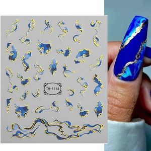 3d marbre bleu doré ongle autocollant onde Géométrie Résumé Encre Blooming Art Sliders Decals Manucure Décorations 240418