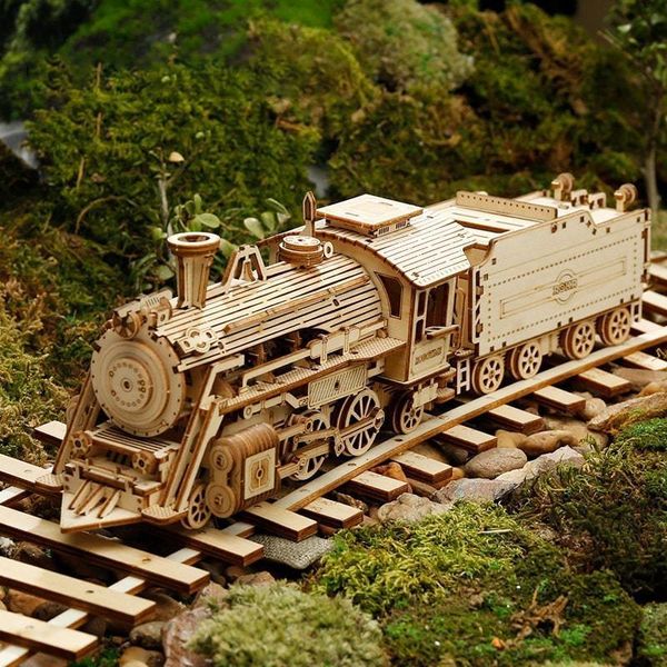 Modèle mécanique 3d Super Puzzle pour la journée des enfants, Train à vapeur, assemblage de bricolage, Kit de puzzles en bois faits à la main, modèles de voitures en bois, jouets Gi