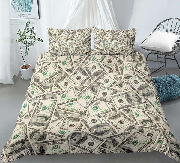 Ropa de cama moderna 3D, edredón estampado con motivo de dólar, funda de edredón vívida, juego de cama suave divertido con patrón de matemáticas de dinero de 3 piezas