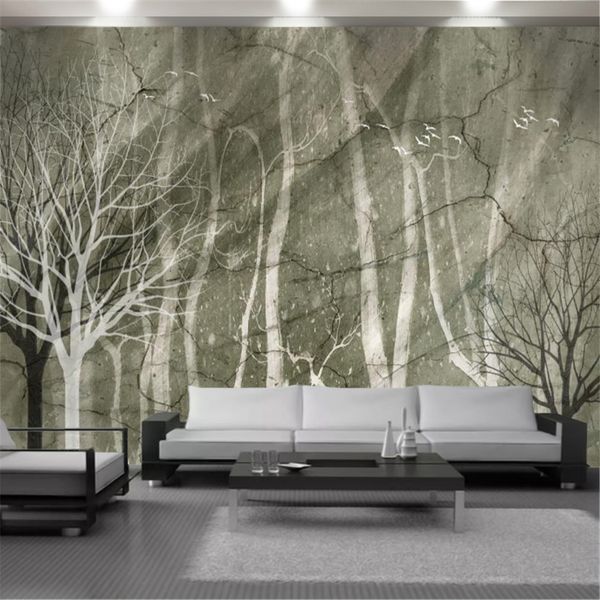 Papier peint de paysage moderne 3D rétro simple, paysage de forêt, salon, chambre à coucher, décoration murale de fond de maison, peinture murale