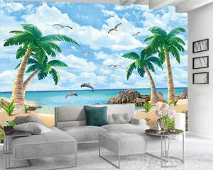 Papel tapiz moderno 3d Papel tapiz mural 3d para sala de estar Delfín de coco Hermosa vista al mar Sala de estar Dormitorio Revestimiento de paredes Papel tapiz HD