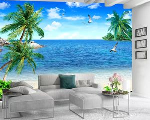 Papel tapiz moderno 3d Papel tapiz mural 3d Hermoso paisaje marino de coco Paisaje romántico Seda decorativa Papel tapiz 3d