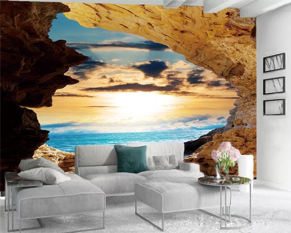 3d moderne papier peint 3d papier peint la belle vue sur la mer à l'extérieur de la grotte paysage romantique décoratif soie 3d papier peint mural