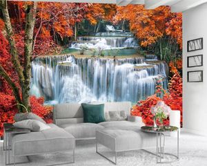 Papier peint Photo 3d moderne, personnalisé, belle cascade avec feuilles rouges, paysage décoratif en soie, papier peint Mural 3d