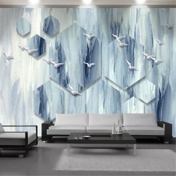 Papel tapiz moderno 3D Mármol hexagonal gris Pájaros blancos Exquisita decoración interior Sala de estar Dormitorio Pintura Mural Fondos de pantalla