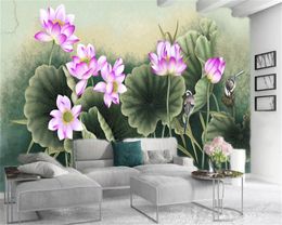 3d moderne behang roze delicate lotus en groene lotusbloem blad aanpassen mooi landschap zijde muurschildering behang